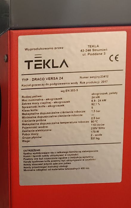 Piec centralnego ogrzewania  24 Kw TEKLA (podajnik ślimakowy)na eko groszek