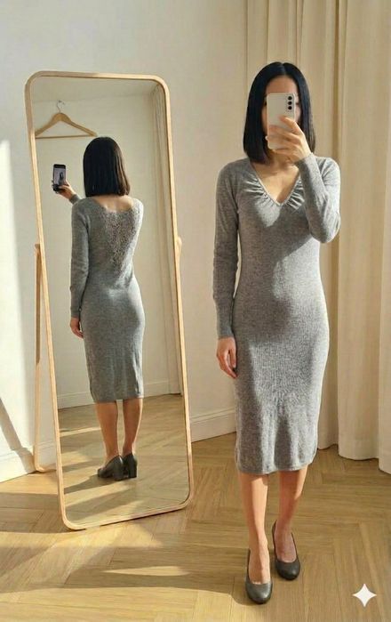 Nowa sukienka 36 S / 38 M midi jasnoszara dekolt V koronka