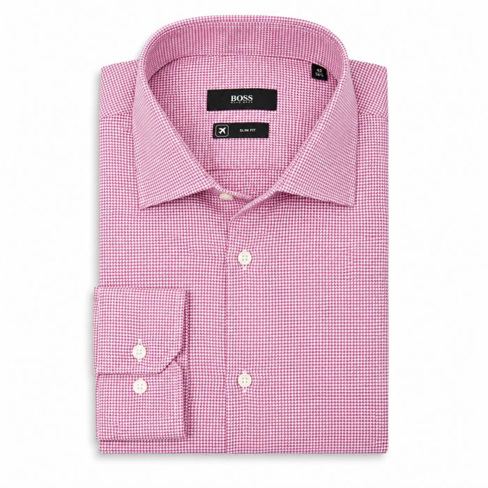 BOSS Hugo Boss Slim Fit Koszula Męska 42 L Różowa Micro Pepitka Premium