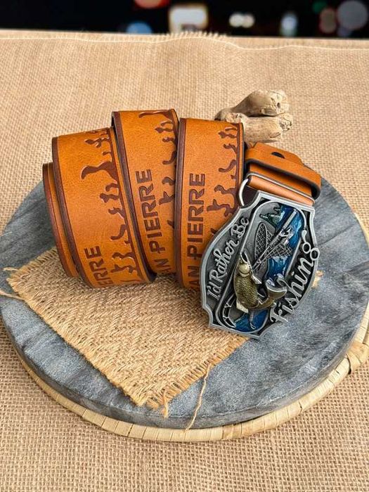 Pasek męski ryba Fish wędkarz wędkarski jeans western jasny brąz