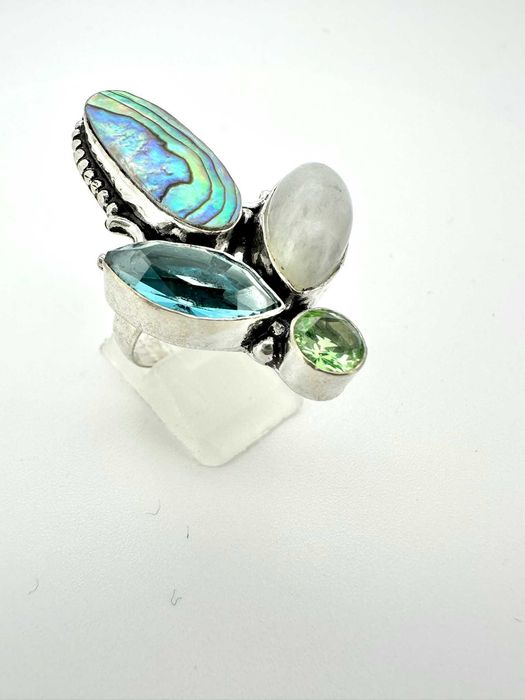 Pierścionek kamień księżycowy, topaz, muszla abalone paua. Próba 925