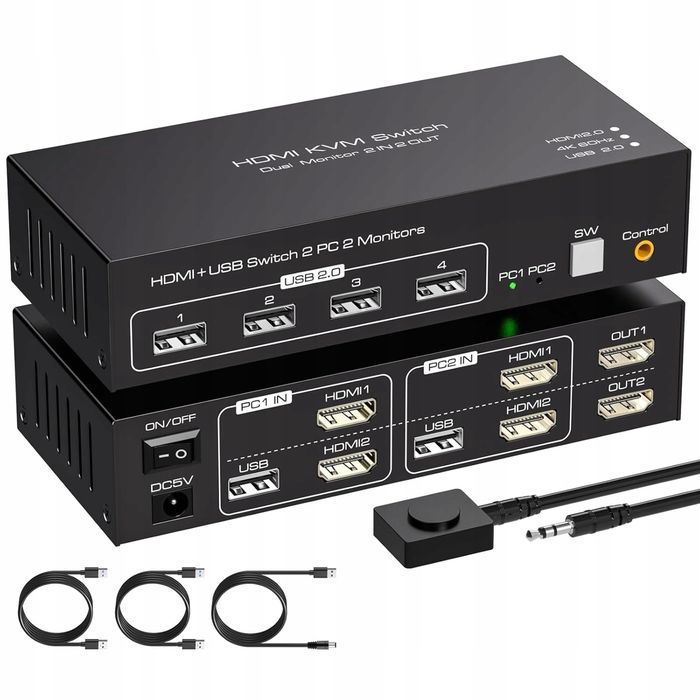 Przełącznik KVM HDMI 2 komputery 2 monitory 4K60Hz z 4 portami USB 2.0