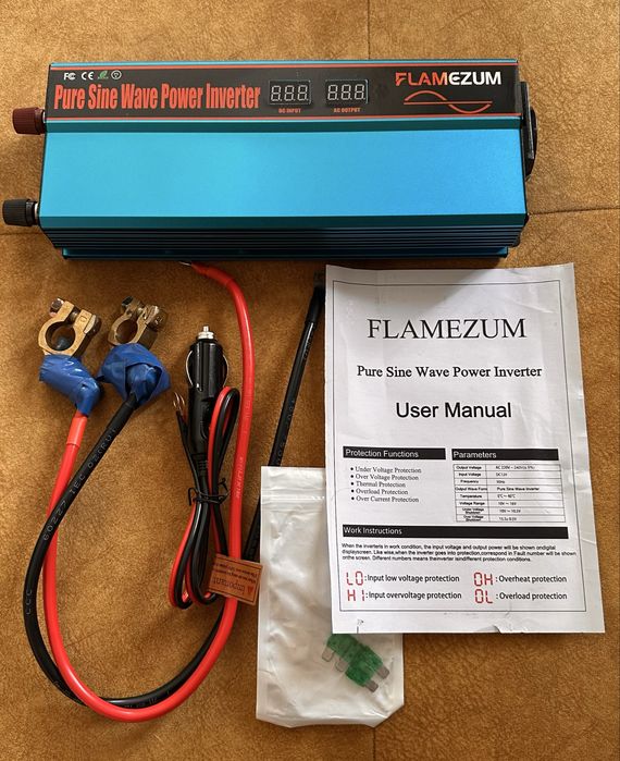 Інвертор чистий синус 1000W Flamezum  DC 12V→ AC 230V 50Hz