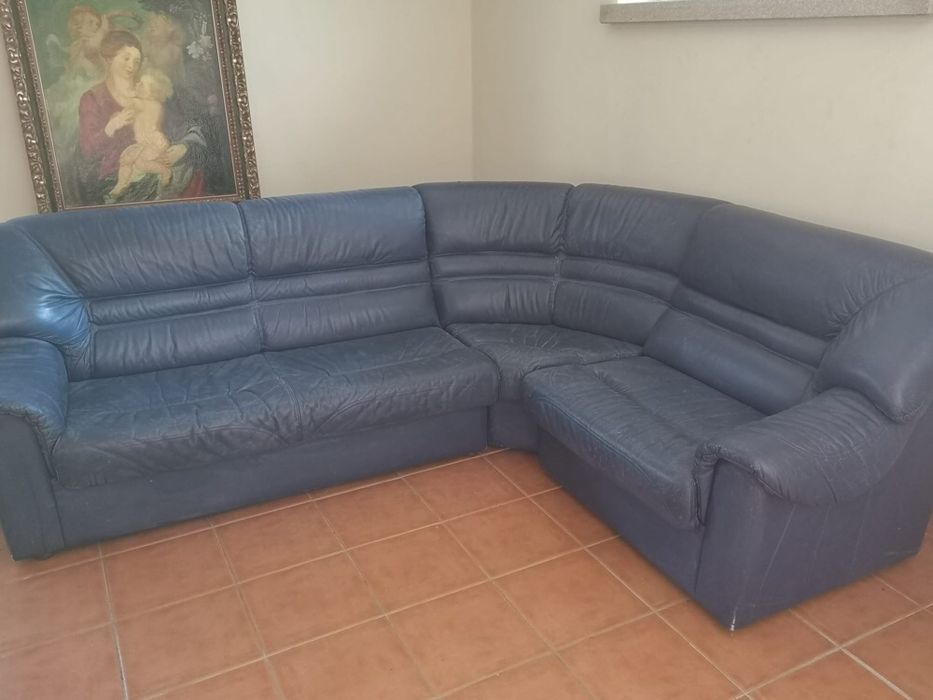 Sofá em L de pele, azul
