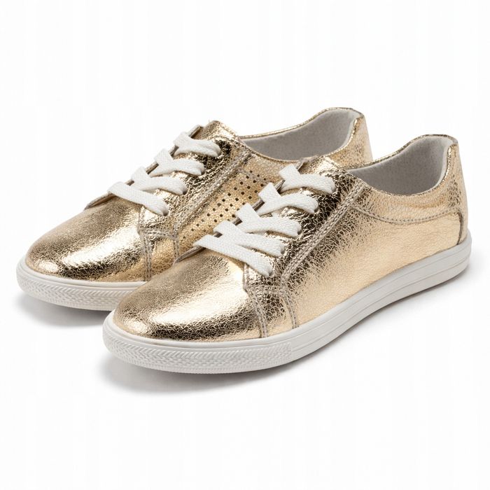 Złote trampki damskie - metaliczne sneakersy z białą podeszwą 37