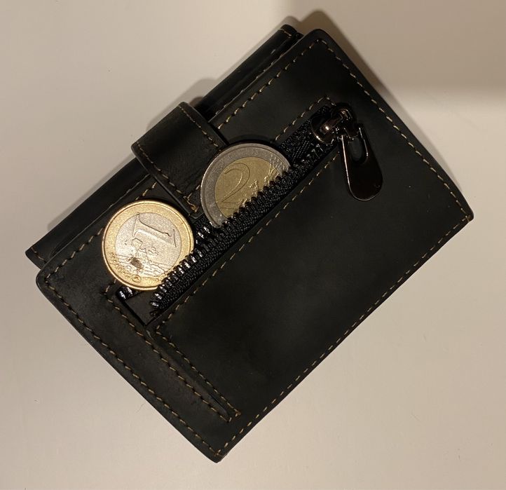 Carteira pele genuína anti-roubo RFID c/ porta moedas