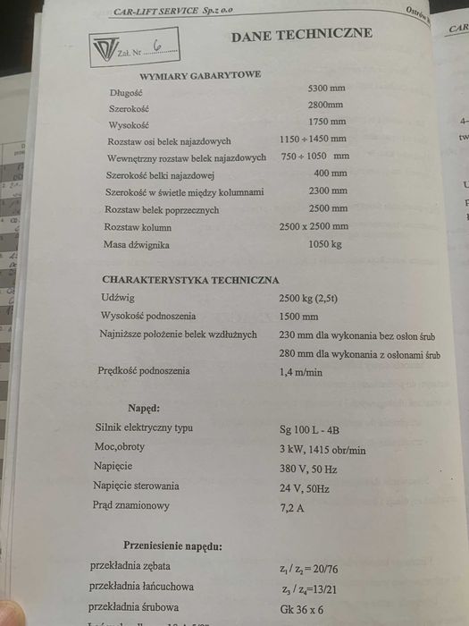 Podnośnik czterokolumnowy 2,5T - Starachowice