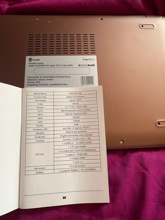 Laptop TAG I3 , w zestawie z odciskiem palca, ładowarką i torbą