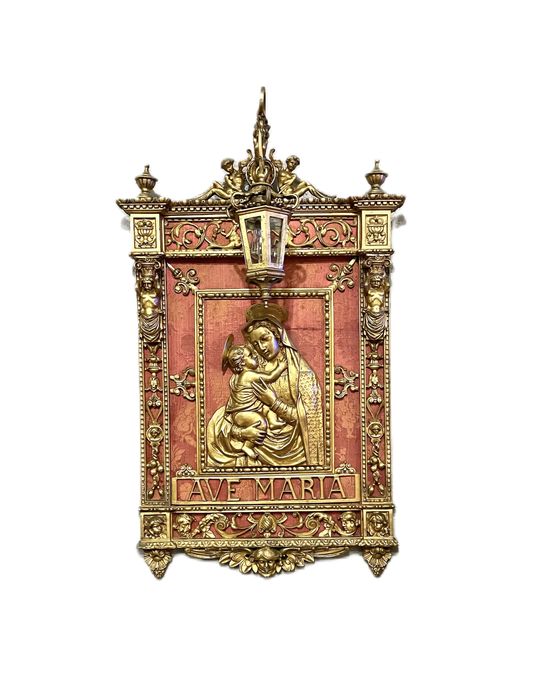 Placa religiosa antiga AVE MARIA em bronze seculo 19