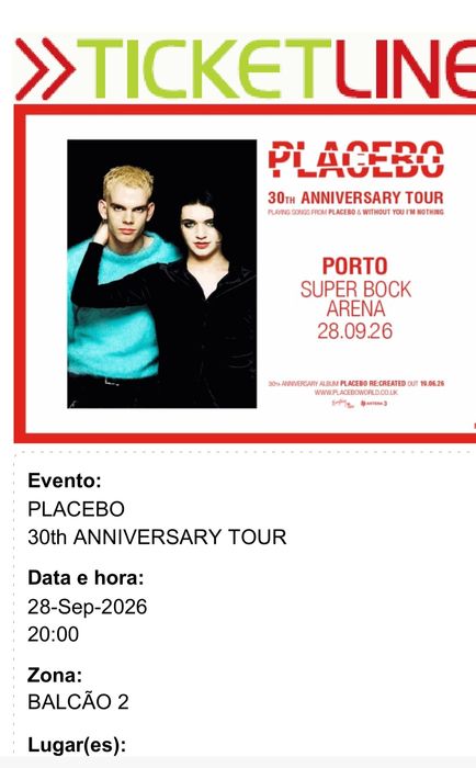 2 bilhetes Placebo