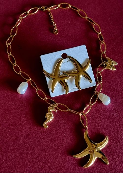 Conjunto dourado (colar e brincos), em aço, da estrela do mar