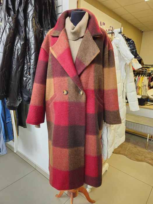 Płaszcz bordowy kratka długi, wełna r. Uni Italy !!!