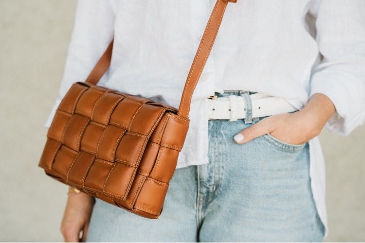 Torebka pikowana pleciona camel brąz skóra naturalna