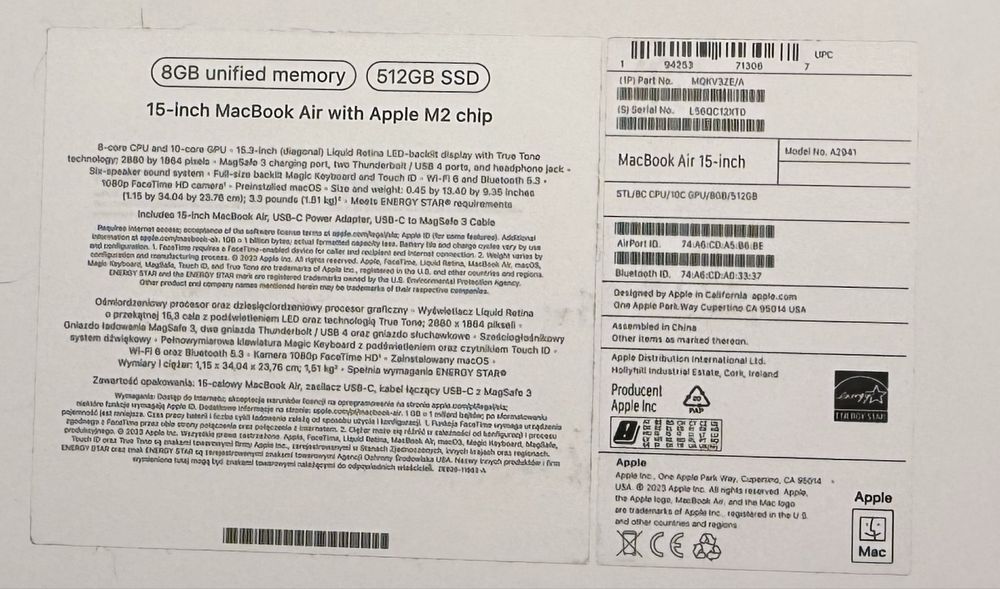 Apple MacBook Air 15, M2, 8-rdzeniowy CPU, Starlight,