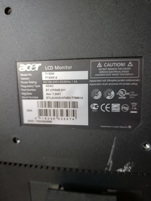 Monitor Acer P193W 19 Cali 75hz 1440x900