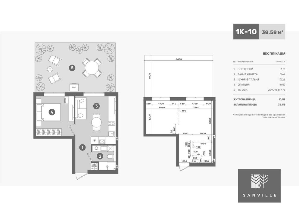 Продаж 1к-Квартири з двориком 38,58м2 ЖК Sanville Park