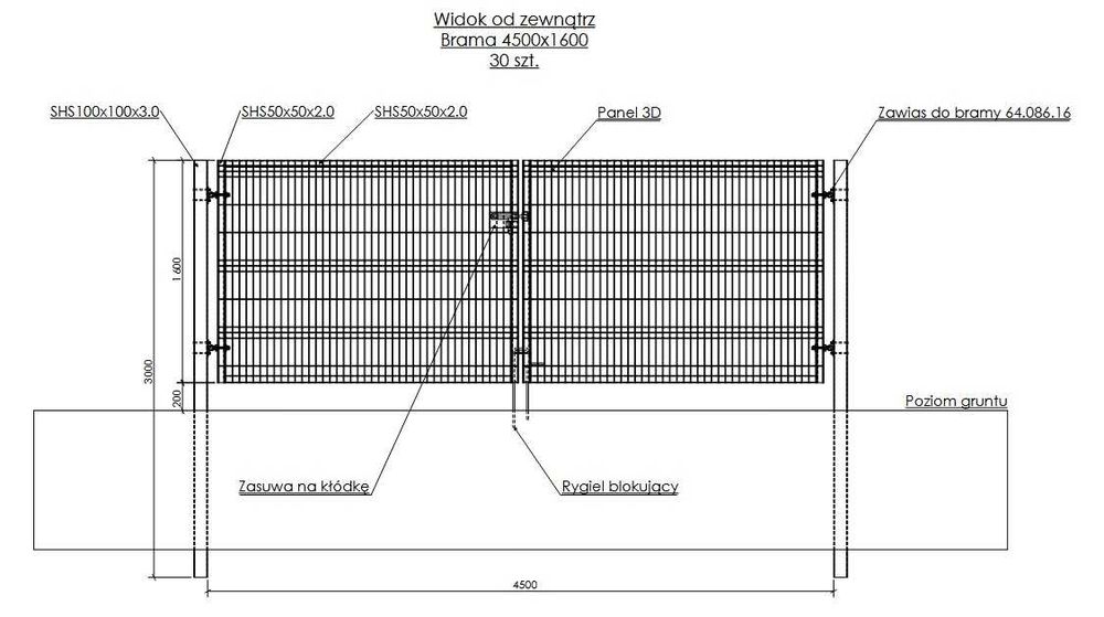 Brama dwuskrzydłowa ocynk ogniowy 1600x4500mm rygiel blokujący bramy na sprzedaż