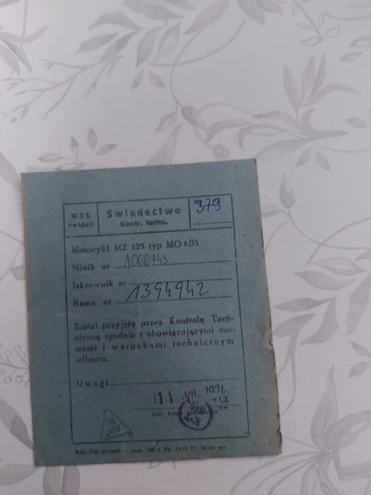 Świadectwo  kontroli  technicznej MZ 125
