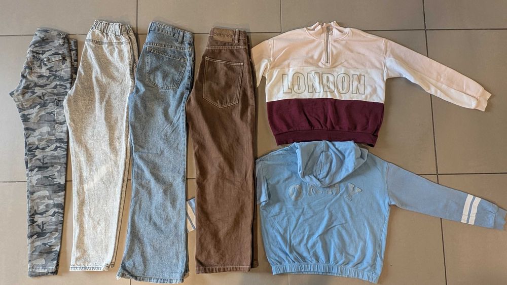 Spodnie 4 pary szerokie nogawki i 2 bluzy r. 34, XS dziewczęce