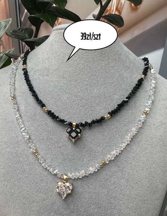 Naszyjnik biały czarny kryształki z serduszkiem stal chirurgiczna nowy