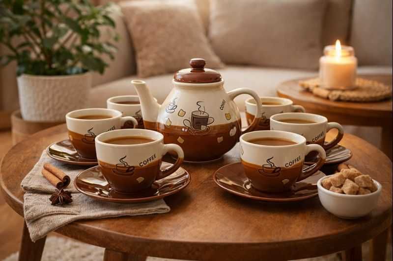 Dekoracyjny zestaw do kawy vintage – czajniczek + 6 filiżanek