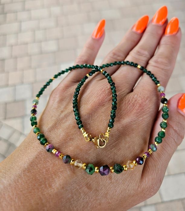 Naszyjnik z Kamieni Naturalnych Zoisyt z Rubinem Cytryn Rubin  Jadeit