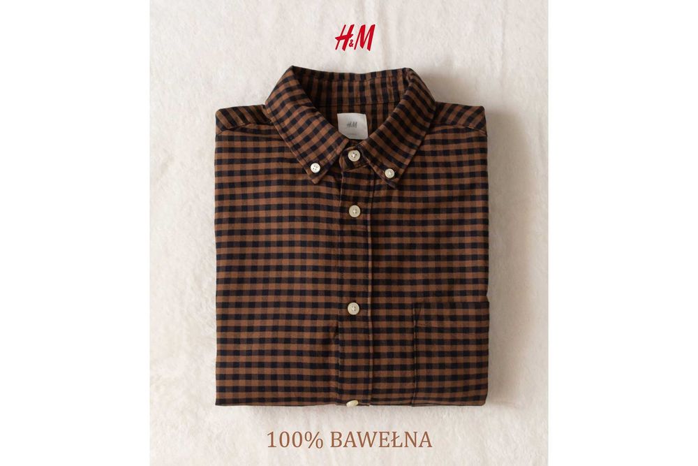 Koszula męska regular fit brązowa krata H&M bawełna casual preppy S