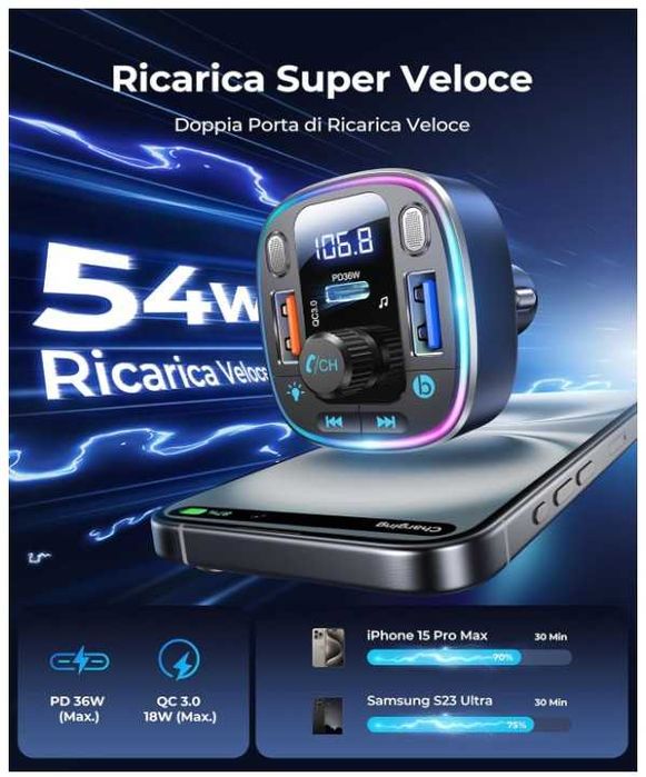 Transmiter samochodowy Bluetooth FM LENCENT T25A + szybka ładowarka