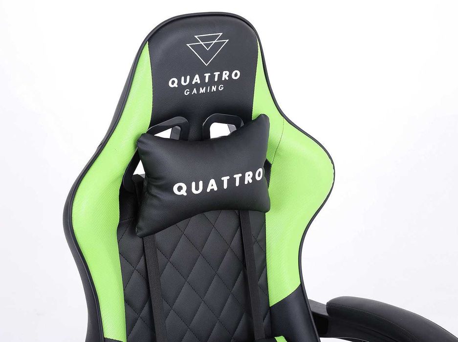 Fotel gamingowy Quattro Carbon – Wyrazista zieleń, wykończenie premium, wysuwany podnóżek i komfort klasy biznes do biura i domu.