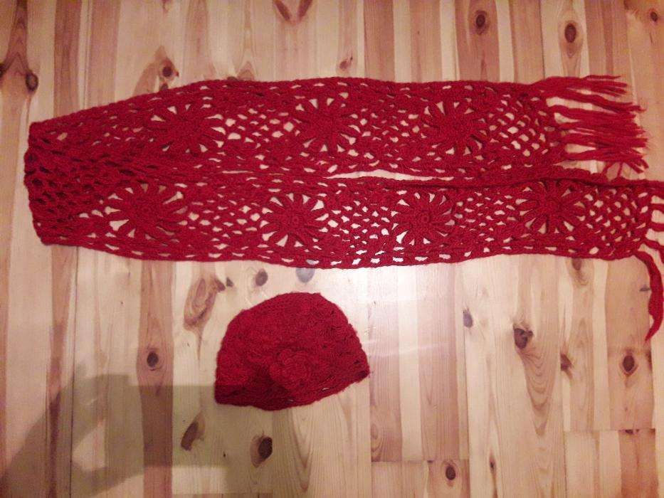 Welniana czerwona czapka gruby splot+dlugi szalik - piekny komplet