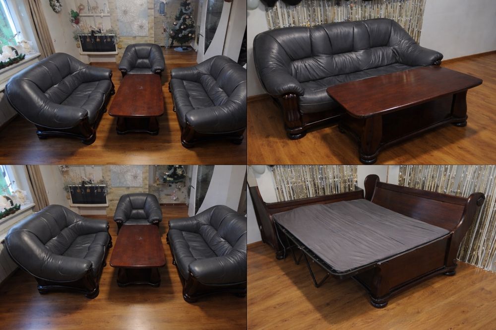 Skórzany komplet wypoczynkowy HOLENDERSKI – grafit / antracyt + funkcj