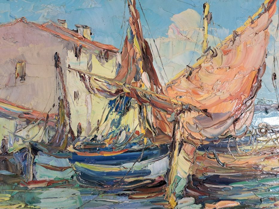 "Scena portowa z żaglówkami" Walter Prescher van Ed. Olej na płótnie