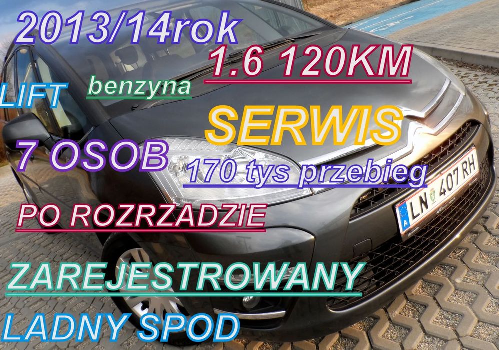 Citroën C4 Grand Picasso 1.6 VTI _Piekny_ 7 Foteli -Serwis 170tyś Przebieg Hak Zarejestrowany