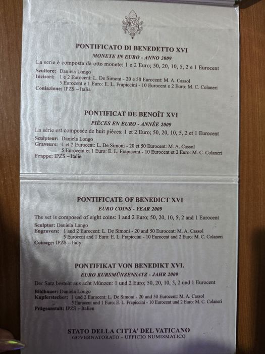 carteira oficial de moedas de Euro do Vaticano, emitida em 2009