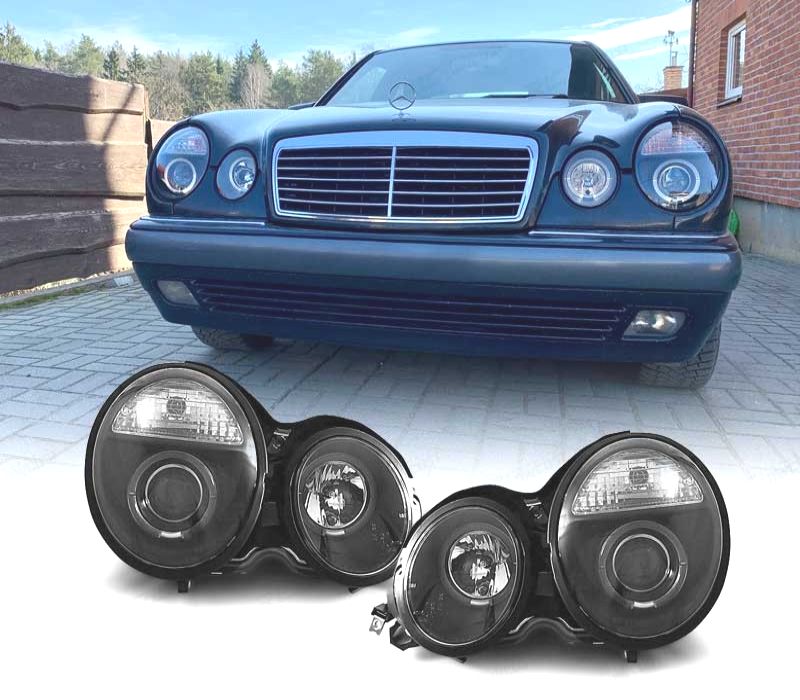 FARÓIS ANGEL EYES MERCEDES E W210 95-99 FUNDO PRETO