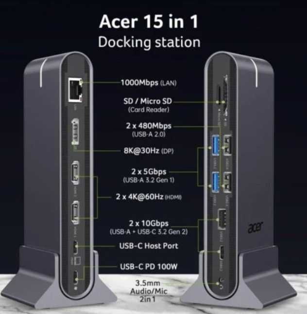 Docking Station Acer USB-C 15-em-1 Profissional (PD 100W, 4K/8K, vPro) – Como Nova