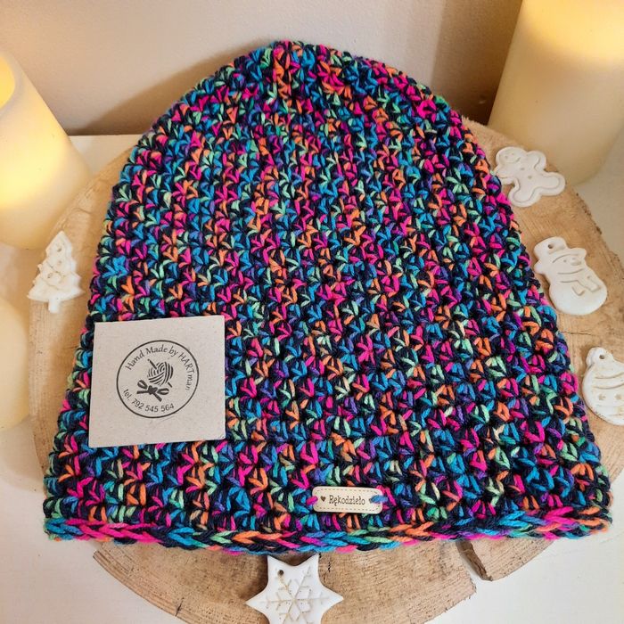 Czapka Beanie smerfetka, multikolor, ręcznie robiona