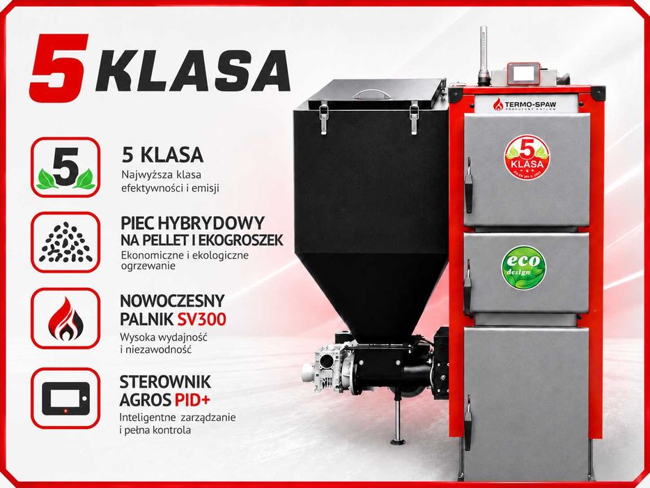 KOCIOŁ 2w1 Hybryda | Ekogroszek i Pellet 15kW do 150m2 | PRODUCENT | Dostawa GRATIS 5 KLASA Piec z podajnikiem na ekogroszek Kocioł na pellet