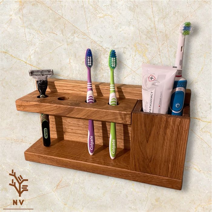 Деревʼяна поличка для зубних щіток настінна/настільна