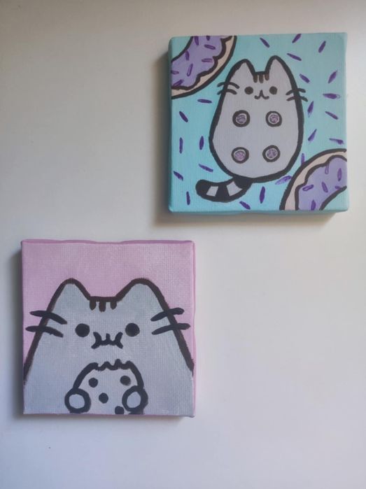 Dwa mini obrazy ręcznie malowane Pusheen 7x7cm plus sztaluga