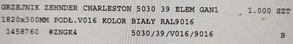 Grzejnik Zehnder Charleston 5030 39 elementów 1820 mm x 300 mm biały