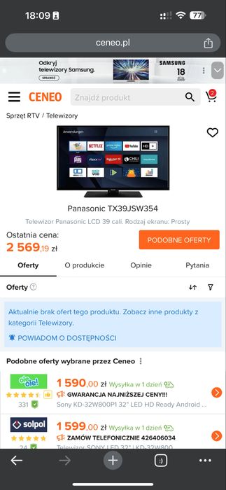 Nowy 40 cali Panasonic TX39JSW354 super cena
