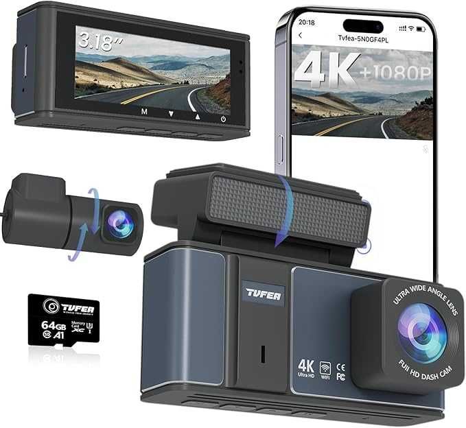 Kamera samochodowa TVFEA 4K+1080P z dwoma obiektywami.
