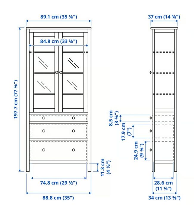 HEMNES Ikea NOWA Witryna z 3 szufladami szarozielony 90x197 cm