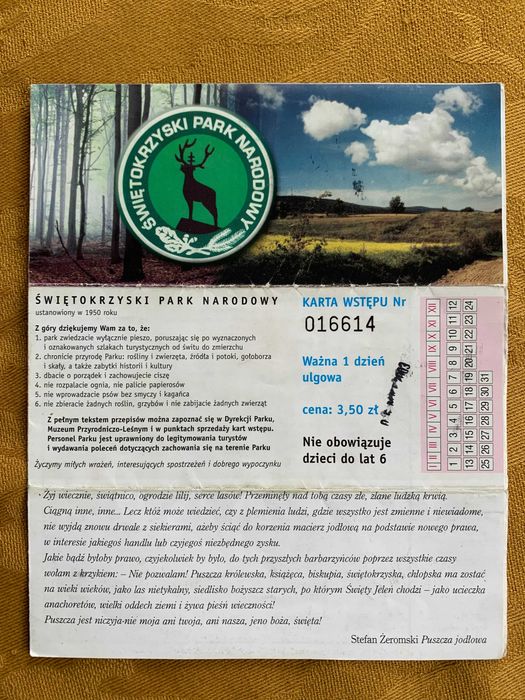 Bilet wstępu retro wejściówka Świętokrzyski PN