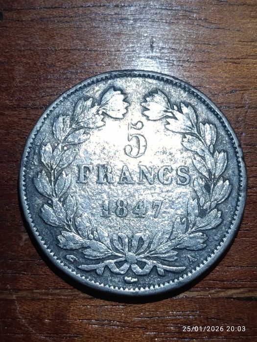 Moeda Prata 5 Francos França 3,7 cm séc XIX 1847