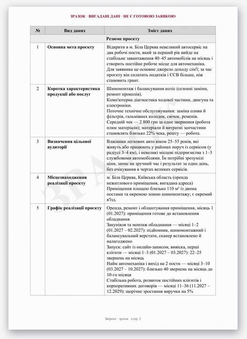 Бізнес-план для гранту «Власна справа 2.0» за №1527 від 990 грн