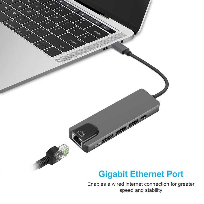 Хаб USB type-C 5 в 1 на HDMI LAN 1 Gbit USB 3.0 и USB-C переходник