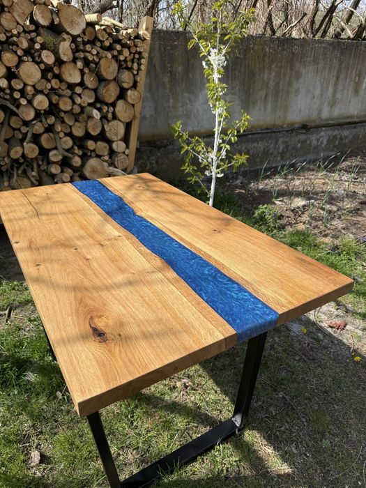 Stół dębowy z perłową żywicą epokdydową azur blue - lite drewno ,piekny wzór 117x70x4 cm. Nogi do wyboru. Styl loftowy.