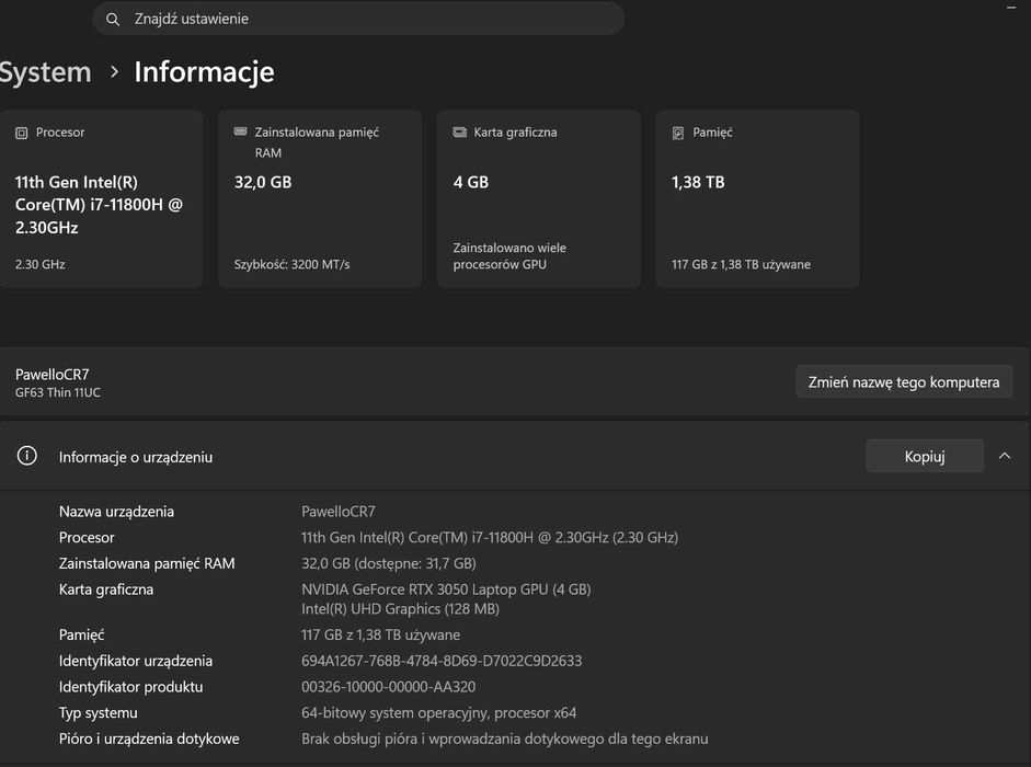 MSI GF63 Thin | i7-11800H | RTX 3050 | 32GB RAM | 1.5TB SSD | Stan BDB